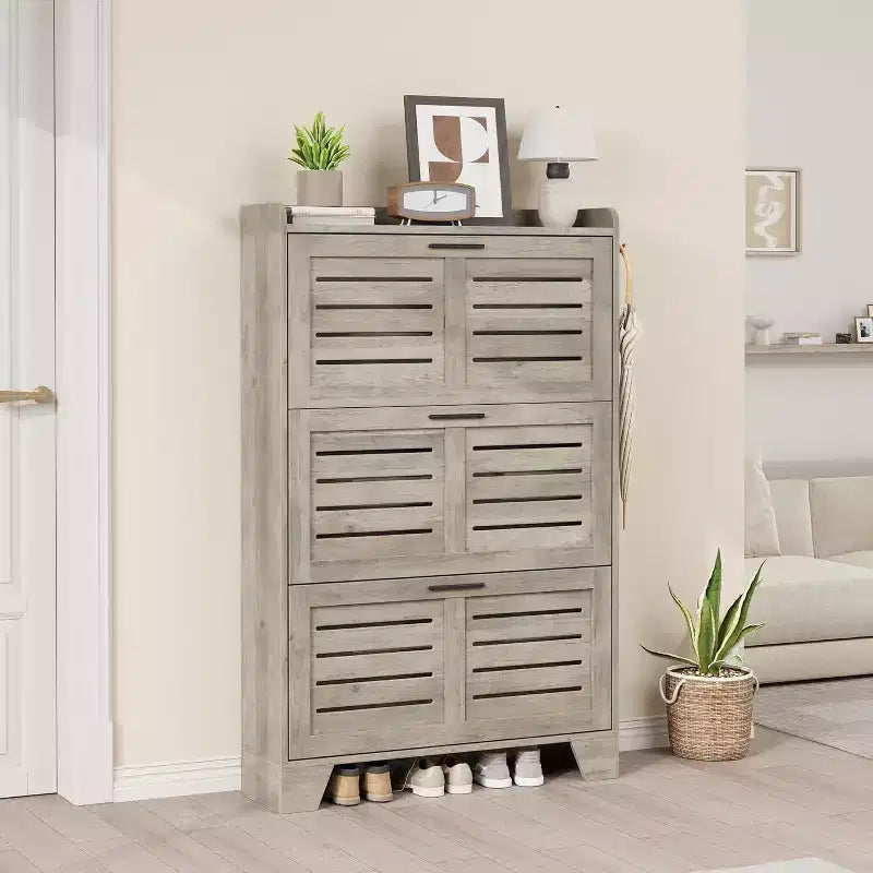 Meuble à chaussures avec 3 tiroirs basculants, meuble de rangement à chaussures autoportant avec 2 crochets latéraux, meuble à chaussures fin et dissimulé de style rustique