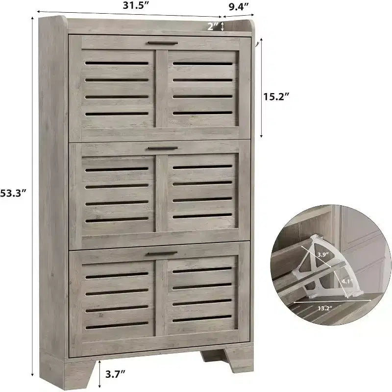 Meuble à chaussures avec 3 tiroirs basculants, meuble de rangement à chaussures autoportant avec 2 crochets latéraux, meuble à chaussures fin et dissimulé de style rustique