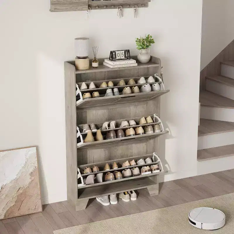 Meuble à chaussures avec 3 tiroirs basculants, meuble de rangement à chaussures autoportant avec 2 crochets latéraux, meuble à chaussures fin et dissimulé de style rustique