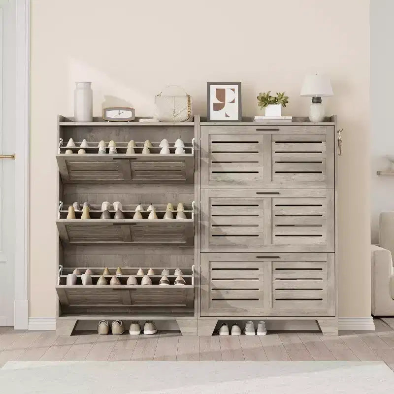 Meuble à chaussures avec 3 tiroirs basculants, meuble de rangement à chaussures autoportant avec 2 crochets latéraux, meuble à chaussures fin et dissimulé de style rustique