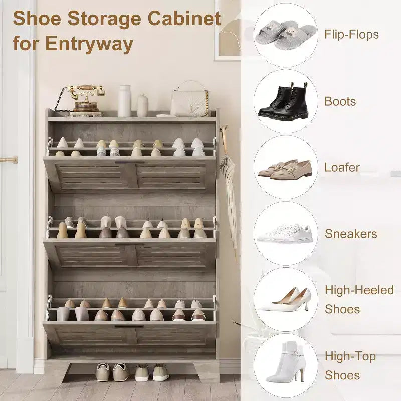 Meuble à chaussures avec 3 tiroirs basculants, meuble de rangement à chaussures autoportant avec 2 crochets latéraux, meuble à chaussures fin et dissimulé de style rustique