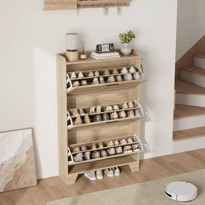 Meuble à chaussures avec 3 tiroirs basculants, meuble de rangement à chaussures autoportant avec 2 crochets latéraux, meuble à chaussures fin et dissimulé de style rustique