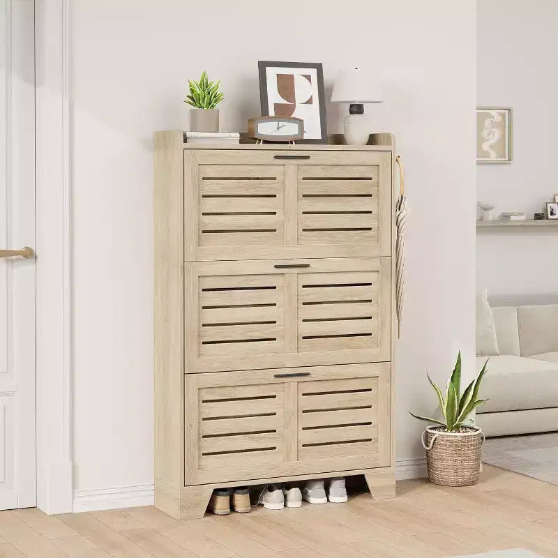 Meuble à chaussures avec 3 tiroirs basculants, meuble de rangement à chaussures autoportant avec 2 crochets latéraux, meuble à chaussures fin et dissimulé de style rustique