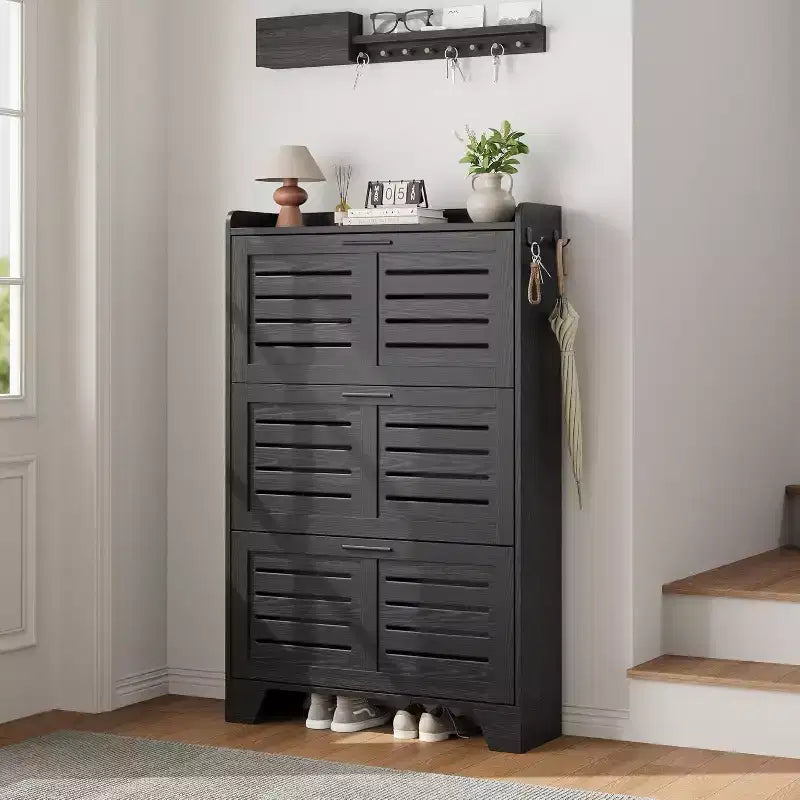 Meuble à chaussures avec 3 tiroirs basculants, meuble de rangement à chaussures autoportant avec 2 crochets latéraux, meuble à chaussures fin et dissimulé de style rustique