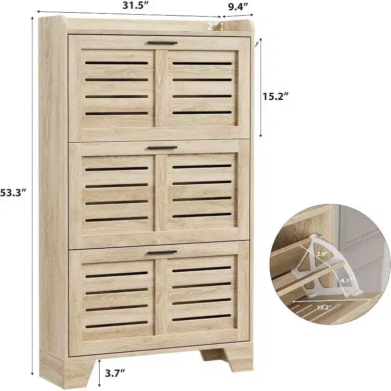 Meuble à chaussures avec 3 tiroirs basculants, meuble de rangement à chaussures autoportant avec 2 crochets latéraux, meuble à chaussures fin et dissimulé de style rustique