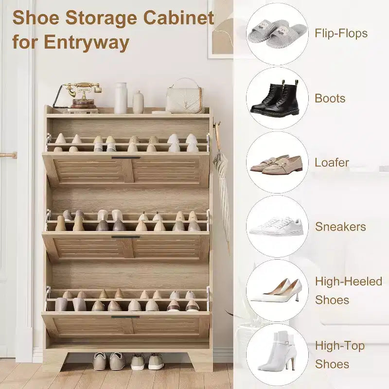 Meuble à chaussures avec 3 tiroirs basculants, meuble de rangement à chaussures autoportant avec 2 crochets latéraux, meuble à chaussures fin et dissimulé de style rustique