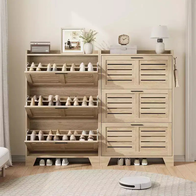 Meuble à chaussures avec 3 tiroirs basculants, meuble de rangement à chaussures autoportant avec 2 crochets latéraux, meuble à chaussures fin et dissimulé de style rustique