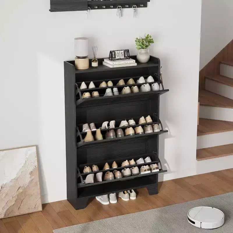 Meuble à chaussures avec 3 tiroirs basculants, meuble de rangement à chaussures autoportant avec 2 crochets latéraux, meuble à chaussures fin et dissimulé de style rustique