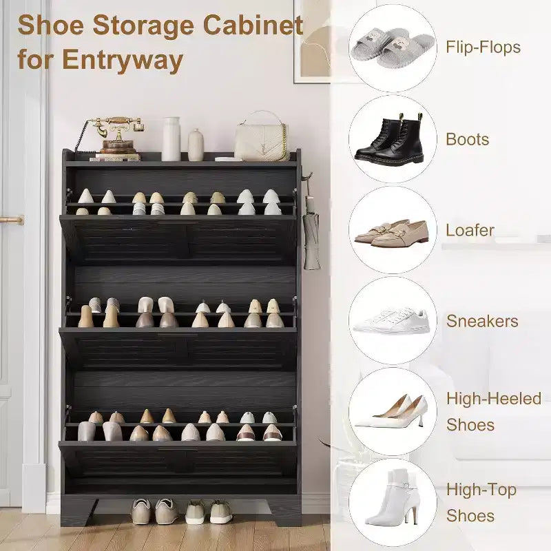 Meuble à chaussures avec 3 tiroirs basculants, meuble de rangement à chaussures autoportant avec 2 crochets latéraux, meuble à chaussures fin et dissimulé de style rustique