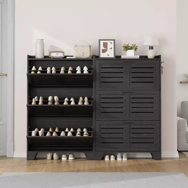 Meuble à chaussures avec 3 tiroirs basculants, meuble de rangement à chaussures autoportant avec 2 crochets latéraux, meuble à chaussures fin et dissimulé de style rustique
