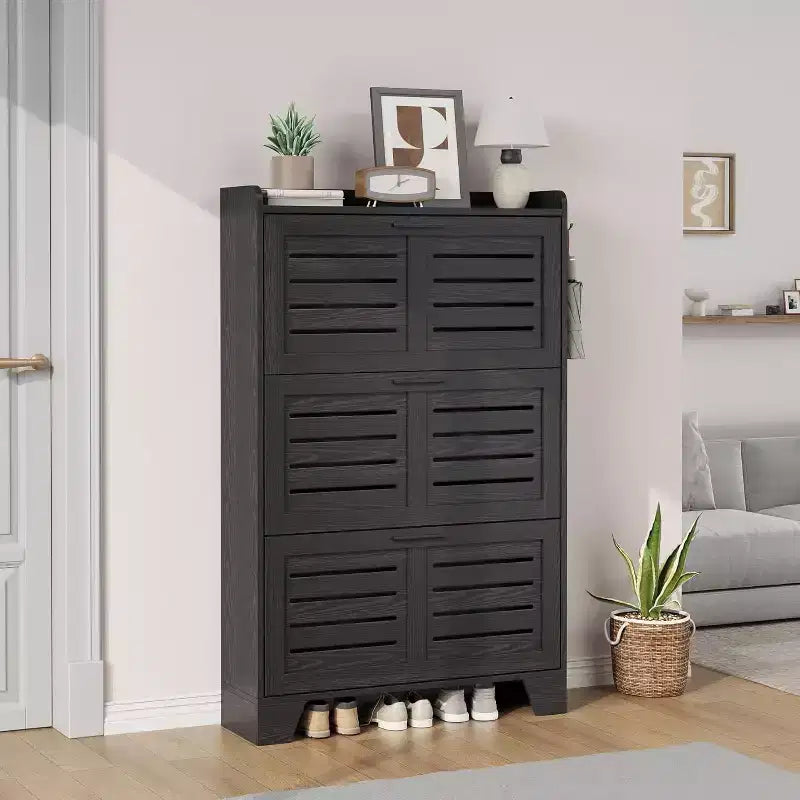 Shoe Storage Cabinet with 3 Flip Drawers, Freestanding Shoe Organizer Storage with 2 Side Hooks, Farmhouse Hidden Slim Narrow Shoe Rack Cabinet