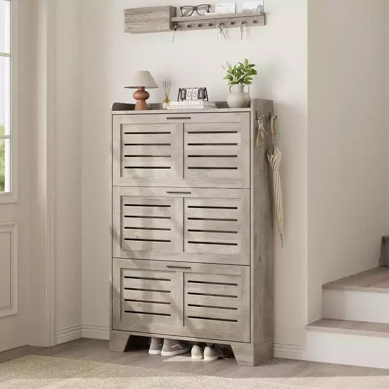 Meuble à chaussures avec 3 tiroirs basculants, meuble de rangement à chaussures autoportant avec 2 crochets latéraux, meuble à chaussures fin et dissimulé de style rustique