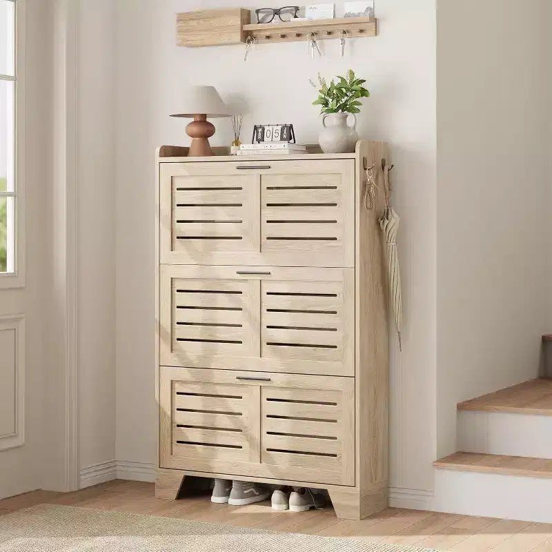 Meuble à chaussures avec 3 tiroirs basculants, meuble de rangement à chaussures autoportant avec 2 crochets latéraux, meuble à chaussures fin et dissimulé de style rustique
