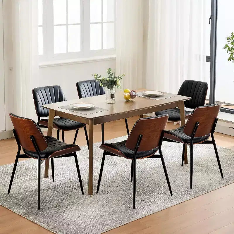 Lot de 4 chaises de salle à manger, chaises de cuisine rétro modernes rembourrées en cuir PU avec dossier en bois courbé noyer pour cuisine et salle à manger