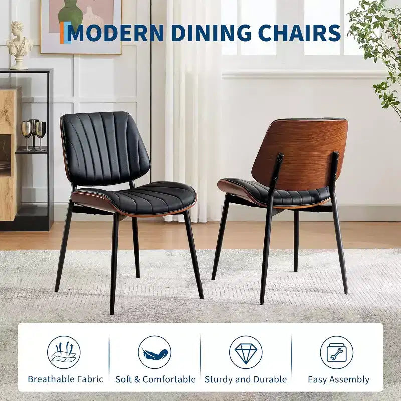 Dining Chairs Set of 4, Mid-Century Modern Upholstered Retro PU Leather Kitchen Chairs with Walnut Bentwood Back for Kitchen Dining Room