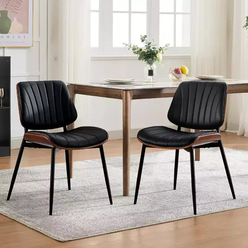 Lot de 4 chaises de salle à manger, chaises de cuisine rétro modernes rembourrées en cuir PU avec dossier en bois courbé noyer pour cuisine et salle à manger
