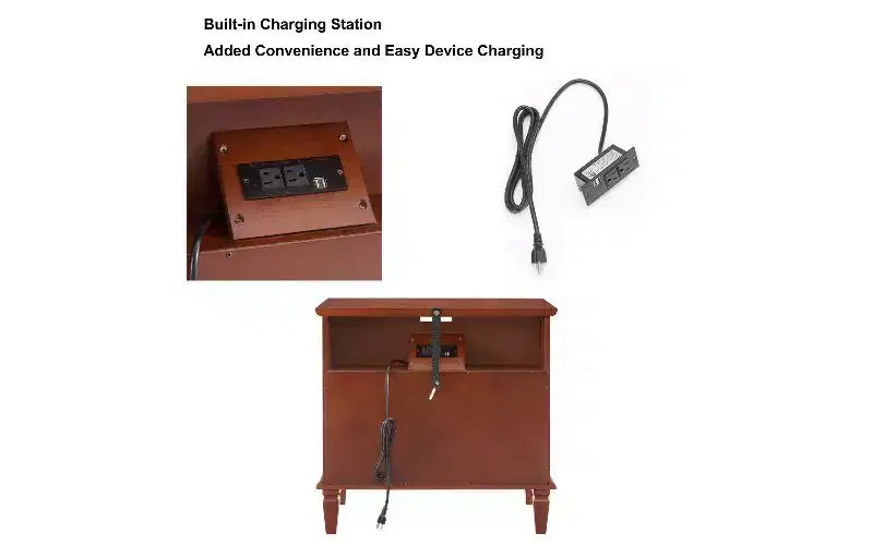 Table de chevet moderne du milieu du siècle avec station de charge, petite table d'appoint vintage à 2 tiroirs avec rangement ouvert, table de bout à pilastres cannelés