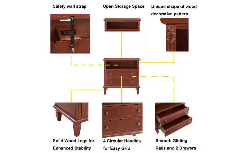 Table de chevet moderne du milieu du siècle avec station de charge, petite table d'appoint vintage à 2 tiroirs avec rangement ouvert, table de bout à pilastres cannelés