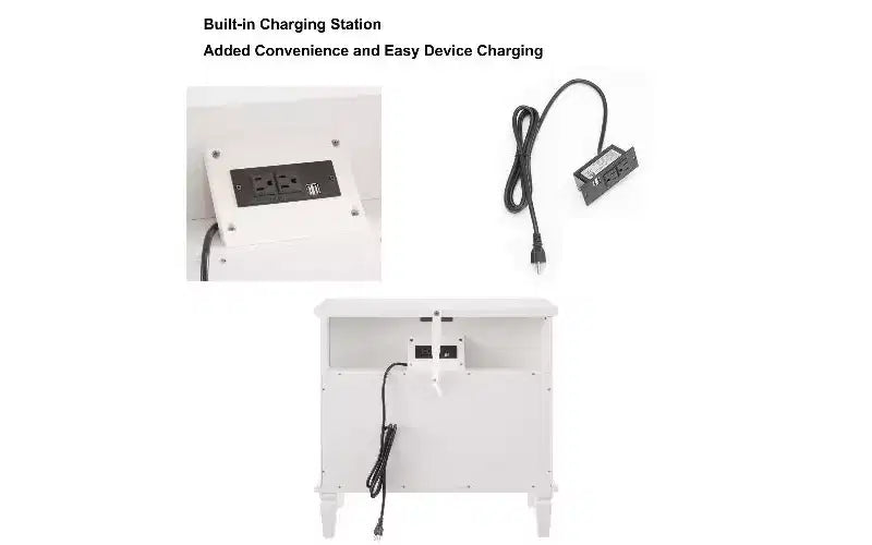 Table de chevet moderne du milieu du siècle avec station de charge, petite table d'appoint vintage à 2 tiroirs avec rangement ouvert, table de bout à pilastres cannelés