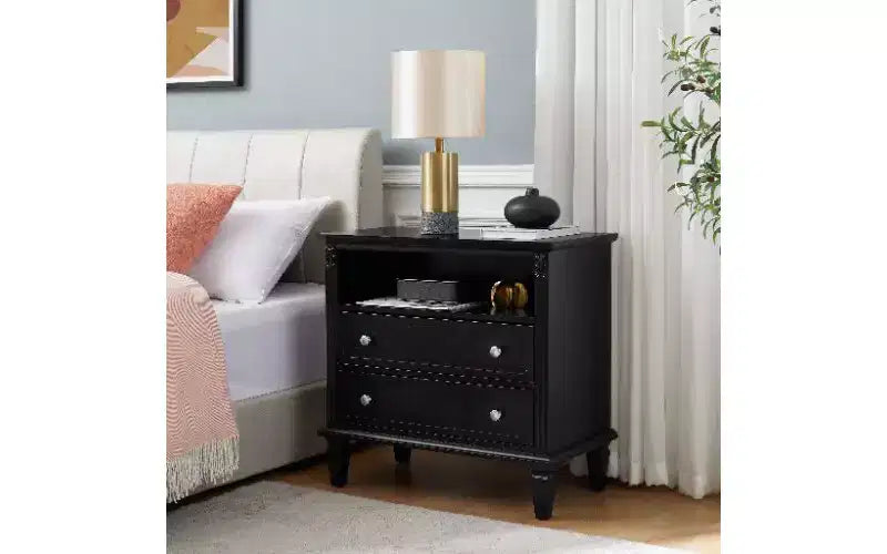 Table de chevet moderne du milieu du siècle avec station de charge, petite table d'appoint vintage à 2 tiroirs avec rangement ouvert, table de bout à pilastres cannelés