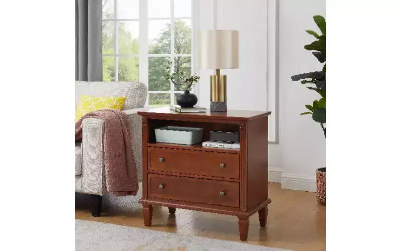 Table de chevet moderne du milieu du siècle avec station de charge, petite table d'appoint vintage à 2 tiroirs avec rangement ouvert, table de bout à pilastres cannelés