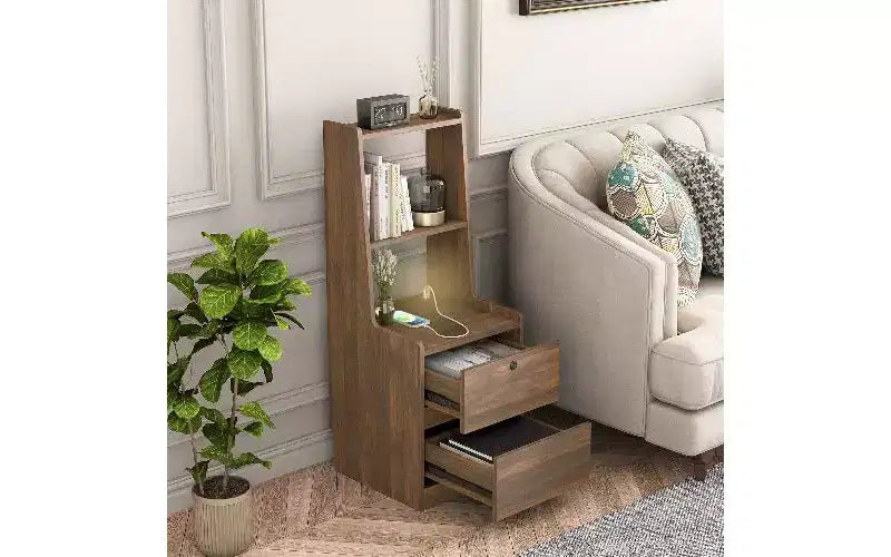 Table de chevet haute avec veilleuse et station de recharge, Table d'appoint avec étagère, Tables de chevet modernes avec meuble de rangement pour chambre à coucher
