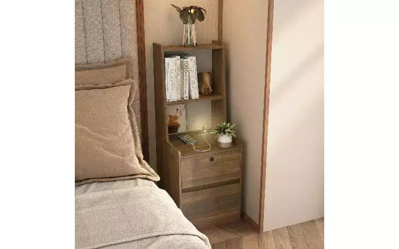 Table de chevet haute avec veilleuse et station de recharge, Table d'appoint avec étagère, Tables de chevet modernes avec meuble de rangement pour chambre à coucher