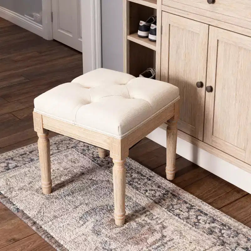 Small Padded Bench, Square Upholstered Rustic Ottoman, Vanity Stool, 15.75 Cube, Beige