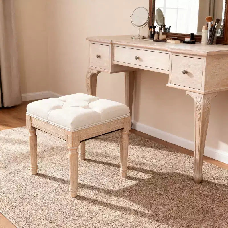 Small Padded Bench, Square Upholstered Rustic Ottoman, Vanity Stool, 15.75 Cube, Beige