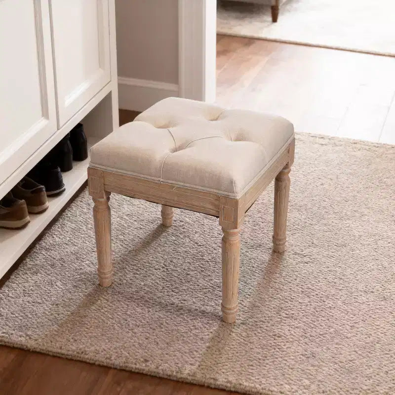 Small Padded Bench, Square Upholstered Rustic Ottoman, Vanity Stool, 15.75 Cube, Beige