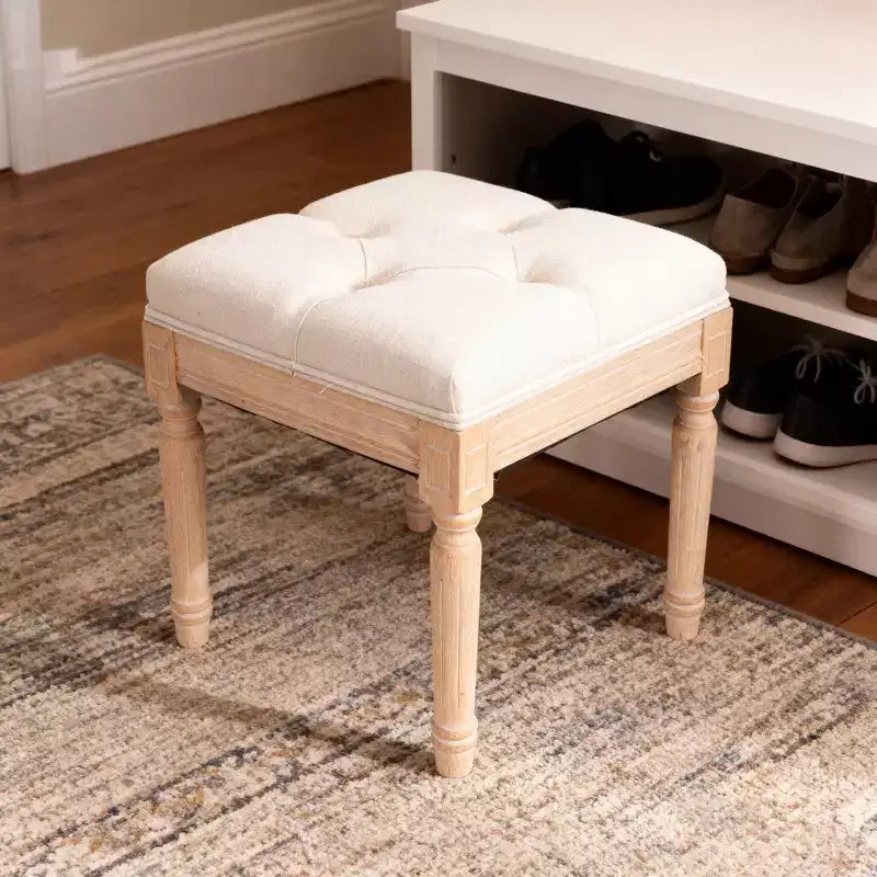Petit banc rembourré, pouf rustique carré capitonné, tabouret de coiffeuse, cube de 40 cm, beige