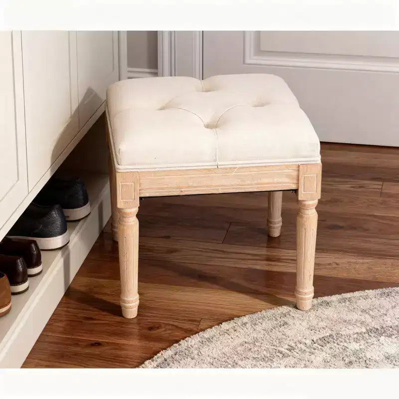 Petit banc rembourré, pouf rustique carré capitonné, tabouret de coiffeuse, cube de 40 cm, beige