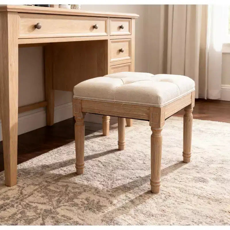 Petit banc rembourré, pouf rustique carré capitonné, tabouret de coiffeuse, cube de 40 cm, beige