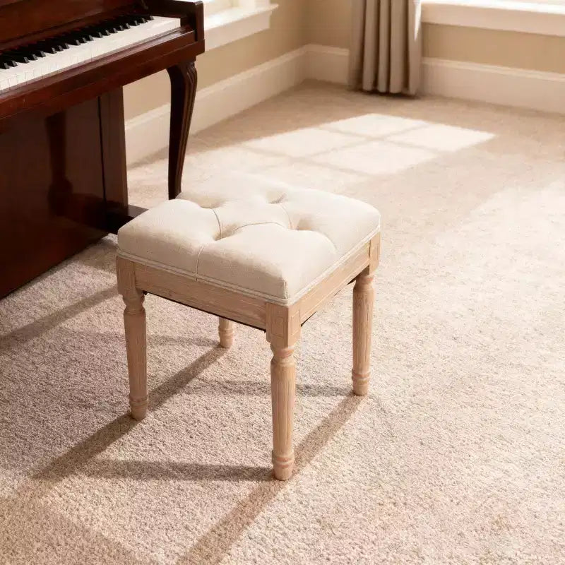 Petit banc rembourré, pouf rustique carré capitonné, tabouret de coiffeuse, cube de 40 cm, beige