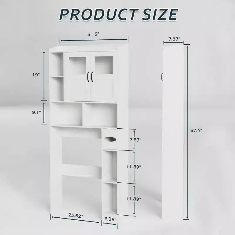 Over The Toilet Storage Cabinet with Doors,67.4in Bathroom Organizer with Adjustable Shelves & Glass Front, Freestanding Toilet Cabinet for Laundry