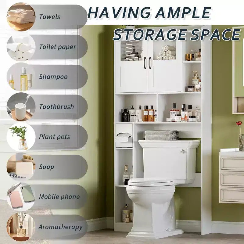 Over The Toilet Storage Cabinet with Doors,67.4in Bathroom Organizer with Adjustable Shelves & Glass Front, Freestanding Toilet Cabinet for Laundry
