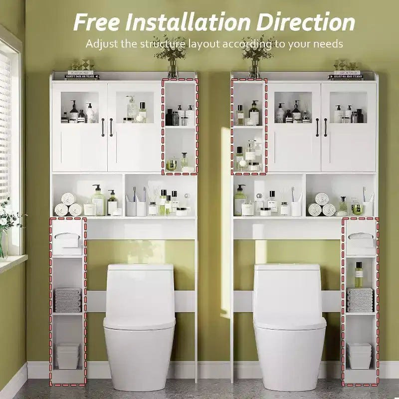Over The Toilet Storage Cabinet with Doors,67.4in Bathroom Organizer with Adjustable Shelves & Glass Front, Freestanding Toilet Cabinet for Laundry