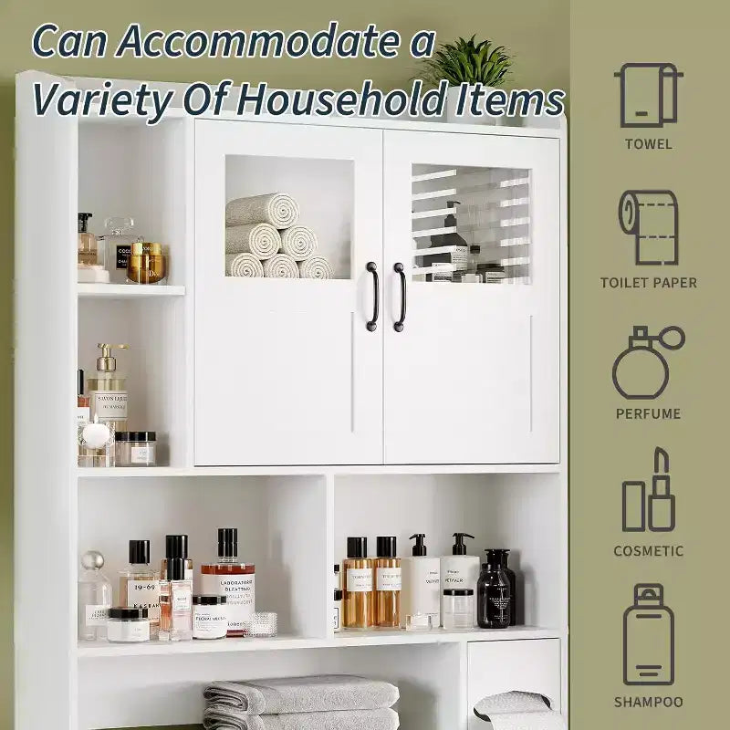 Over The Toilet Storage Cabinet with Doors,67.4in Bathroom Organizer with Adjustable Shelves & Glass Front, Freestanding Toilet Cabinet for Laundry