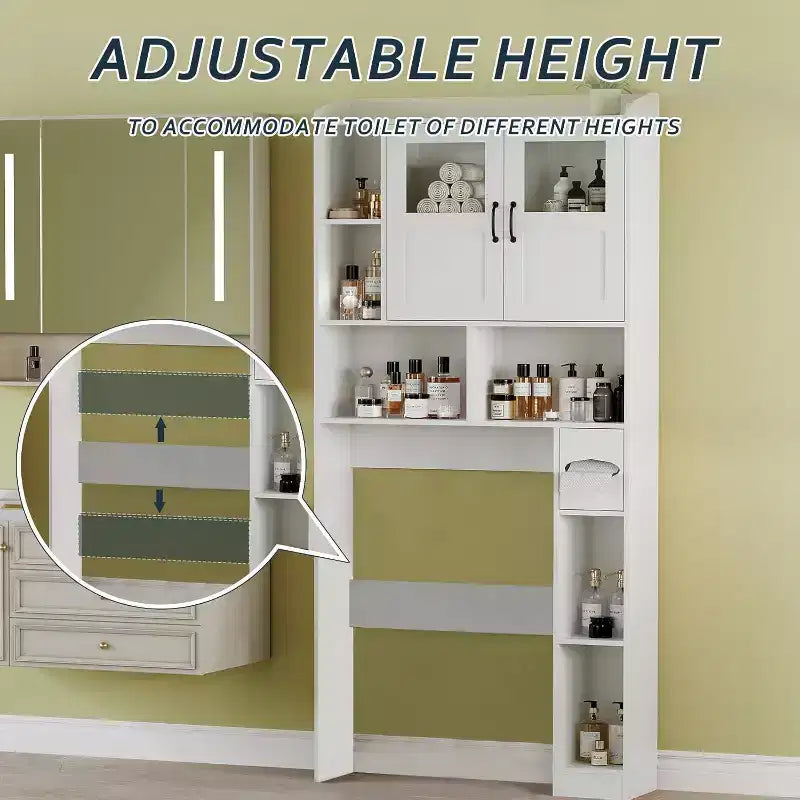 Over The Toilet Storage Cabinet with Doors,67.4in Bathroom Organizer with Adjustable Shelves & Glass Front, Freestanding Toilet Cabinet for Laundry