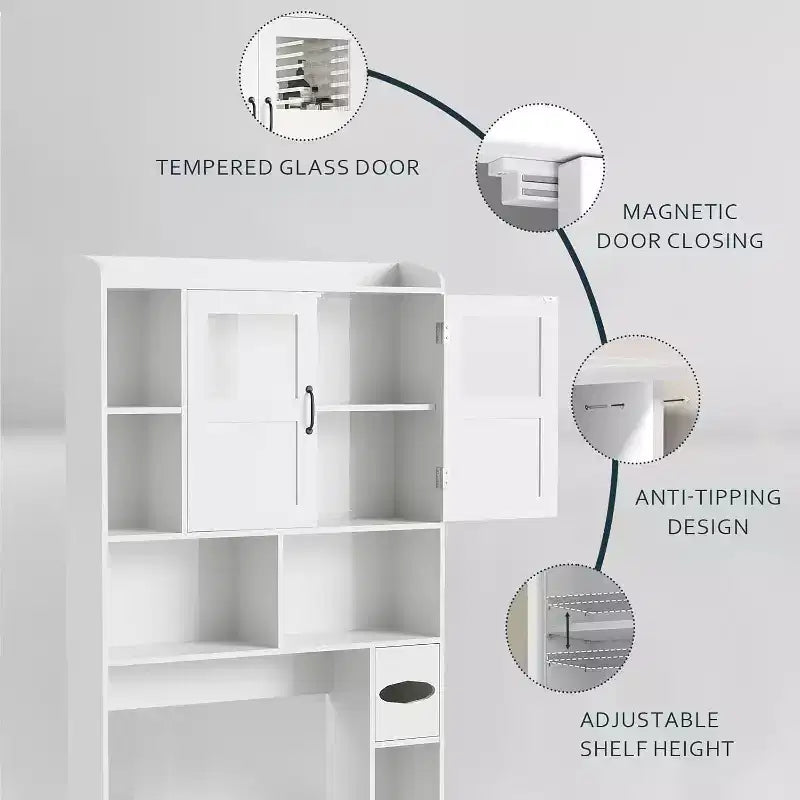 Over The Toilet Storage Cabinet with Doors,67.4in Bathroom Organizer with Adjustable Shelves & Glass Front, Freestanding Toilet Cabinet for Laundry