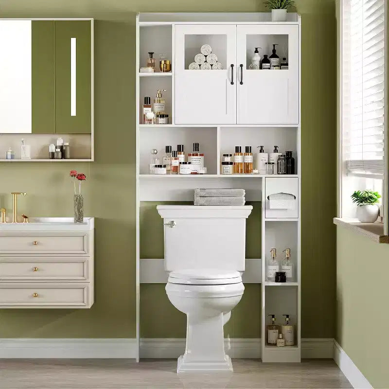 Over The Toilet Storage Cabinet with Doors,67.4in Bathroom Organizer with Adjustable Shelves & Glass Front, Freestanding Toilet Cabinet for Laundry
