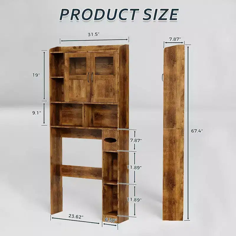 Over The Toilet Storage Cabinet with Doors,67.4in Bathroom Organizer with Adjustable Shelves & Glass Front, Freestanding Toilet Cabinet for Laundry
