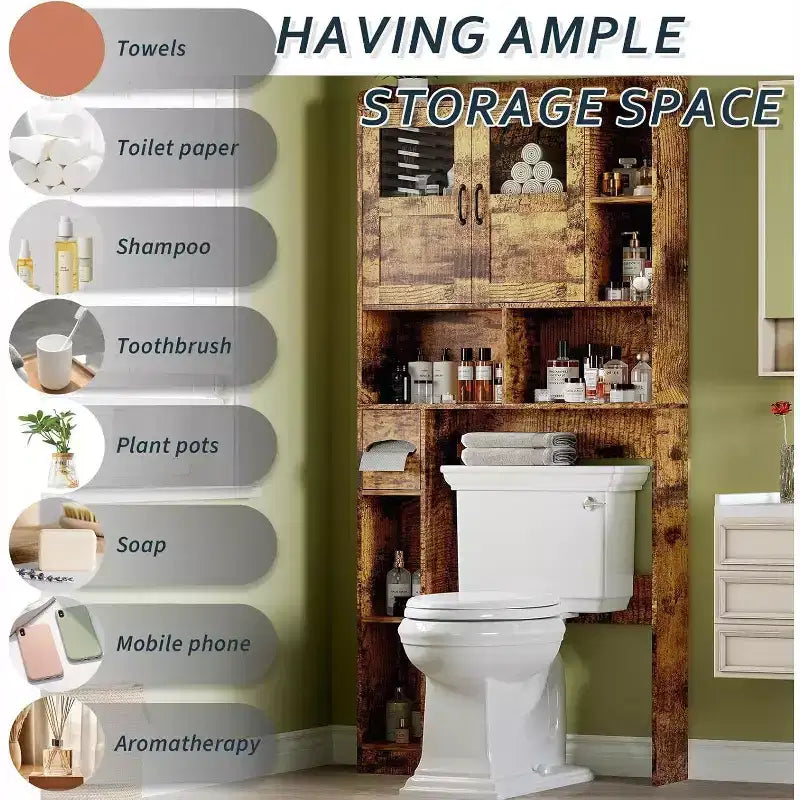 Over The Toilet Storage Cabinet with Doors,67.4in Bathroom Organizer with Adjustable Shelves & Glass Front, Freestanding Toilet Cabinet for Laundry