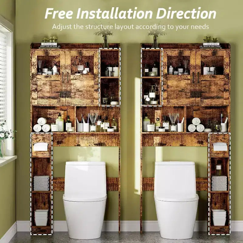 Over The Toilet Storage Cabinet with Doors,67.4in Bathroom Organizer with Adjustable Shelves & Glass Front, Freestanding Toilet Cabinet for Laundry