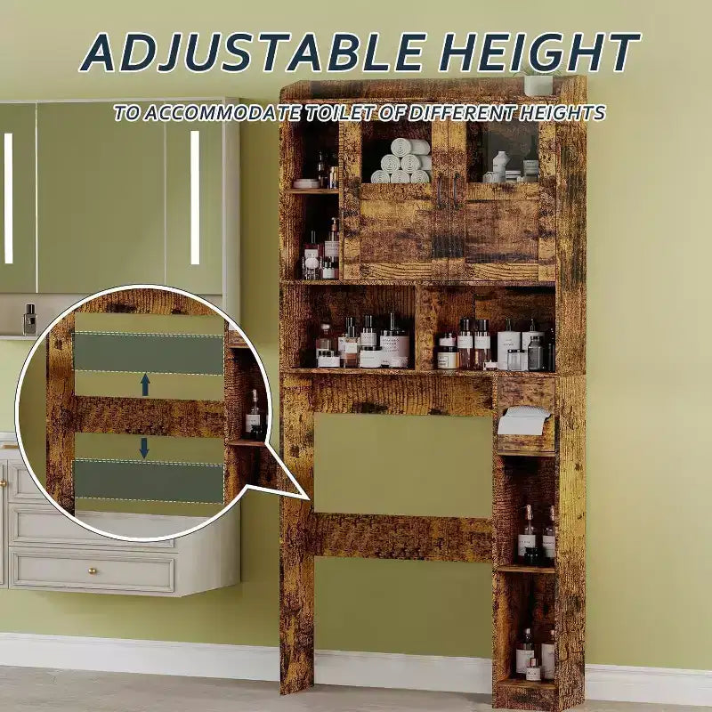 Over The Toilet Storage Cabinet with Doors,67.4in Bathroom Organizer with Adjustable Shelves & Glass Front, Freestanding Toilet Cabinet for Laundry