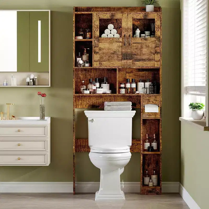 Over The Toilet Storage Cabinet with Doors,67.4in Bathroom Organizer with Adjustable Shelves & Glass Front, Freestanding Toilet Cabinet for Laundry