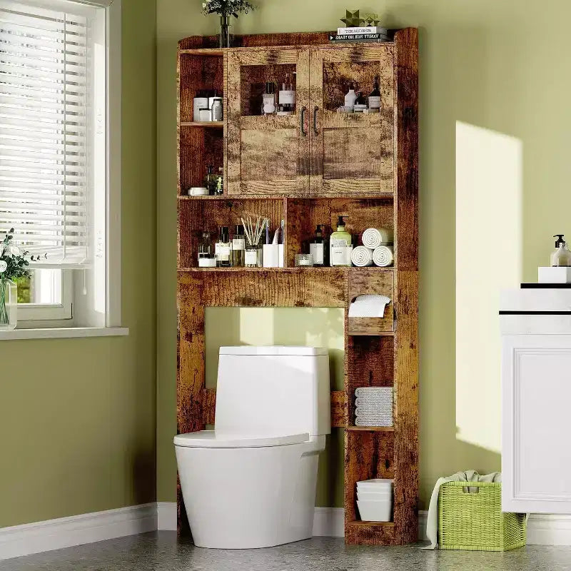 Over The Toilet Storage Cabinet with Doors,67.4in Bathroom Organizer with Adjustable Shelves & Glass Front, Freestanding Toilet Cabinet for Laundry