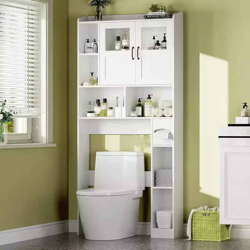 Meuble de rangement sur les toilettes avec portes, organisateur de salle de bain de 171 cm avec étagères réglables et façade en verre, meuble de toilettes autoportant pour buanderie
