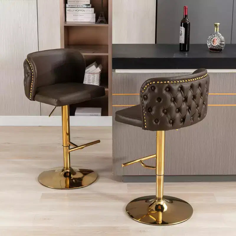 2Pcs Bar Stool Set, PU Upholstered Counter Chairs with Gold Nailheads and Base Swivel Kitchen Island Chairs, Adjustable Height