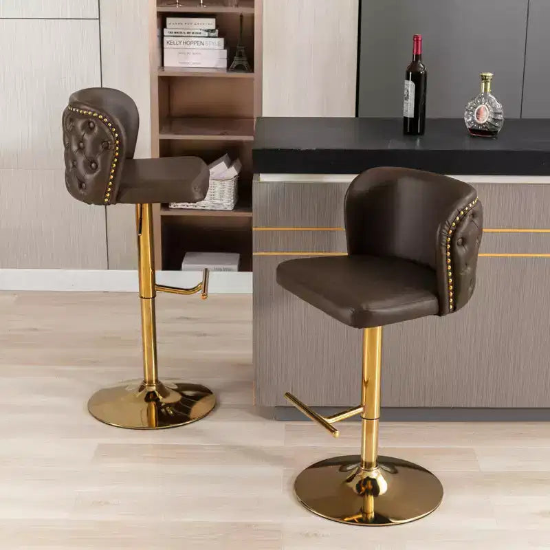 2Pcs Bar Stool Set, PU Upholstered Counter Chairs with Gold Nailheads and Base Swivel Kitchen Island Chairs, Adjustable Height